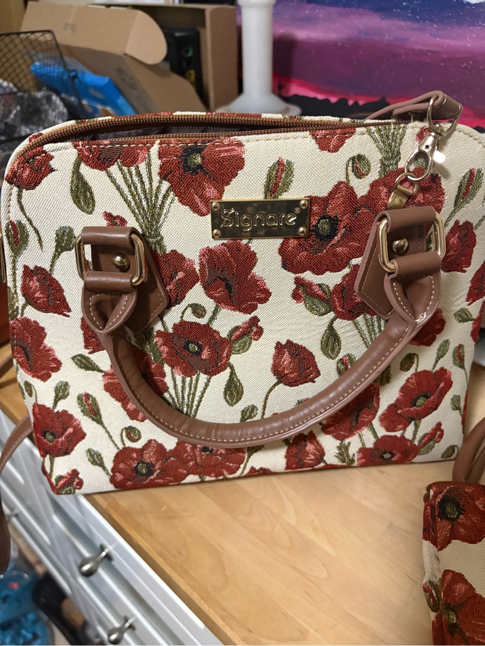 Signare Red Poppy Satchel with Brown Trim